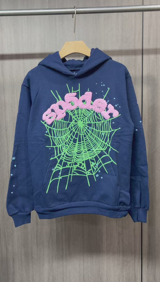 Sp5der OG Web Hoodie Navy front view with raised pink logo, mint-green spider web and blue stars