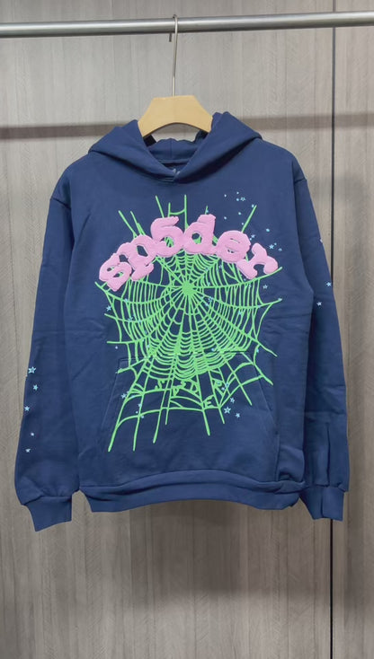 Sp5der OG Web Hoodie Navy front view with raised pink logo, mint-green spider web and blue stars