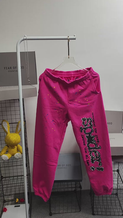 Sp5der P*NK sweatpants pink back view with elastic waistband and cuffed hems