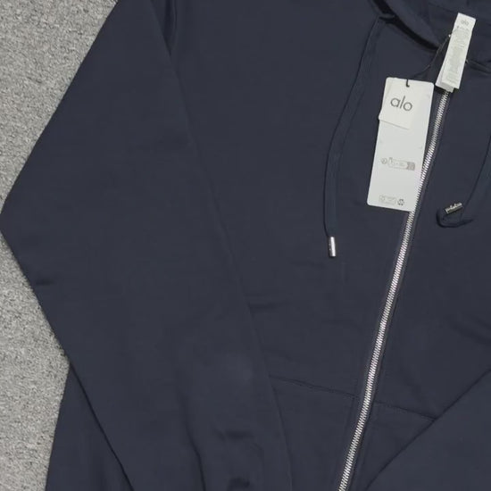 ALO Accolade Full Zip Hoodie in Navy front view with embroidered chest logo