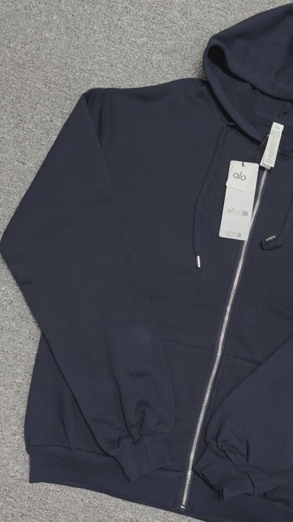 ALO Accolade Full Zip Hoodie in Navy front view with embroidered chest logo