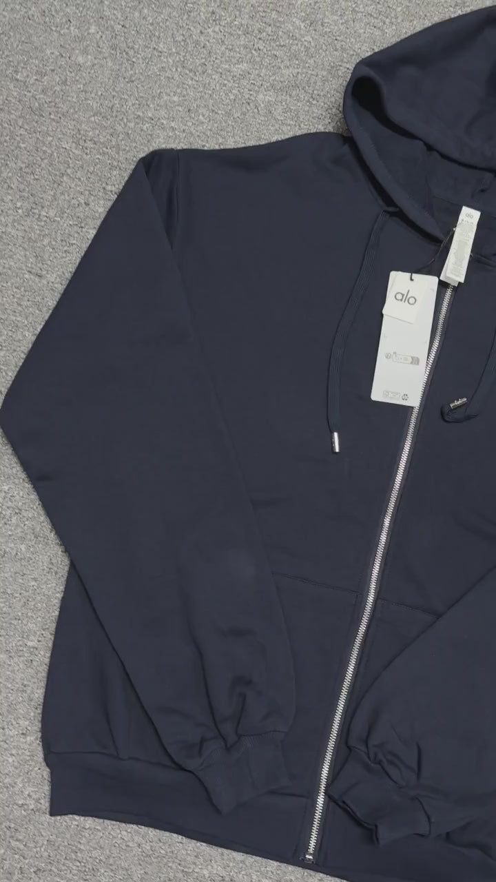 ALO Accolade Full Zip Hoodie in Navy front view with embroidered chest logo