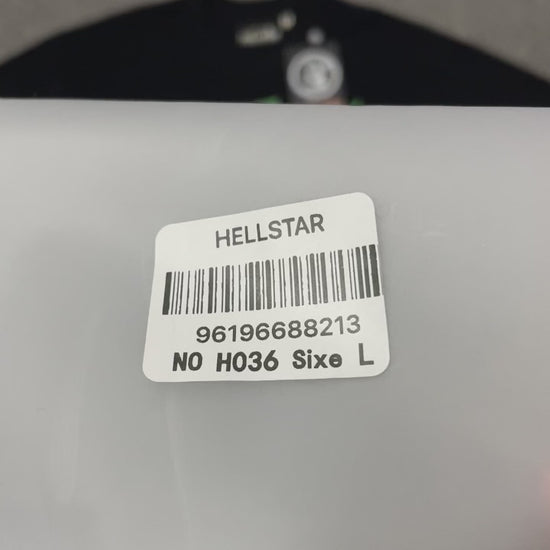 Hellstar The Future T-Shirt in black front view with neon portrait and spiked goggles graphic