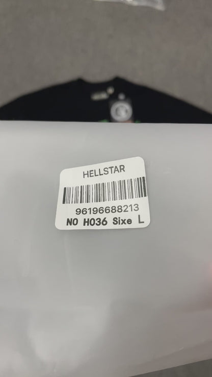 Hellstar The Future T-Shirt in black front view with neon portrait and spiked goggles graphic