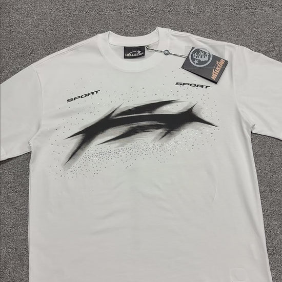 Hellstar Blur Rhinestone T-Shirt in white front view with distorted black motion graphic