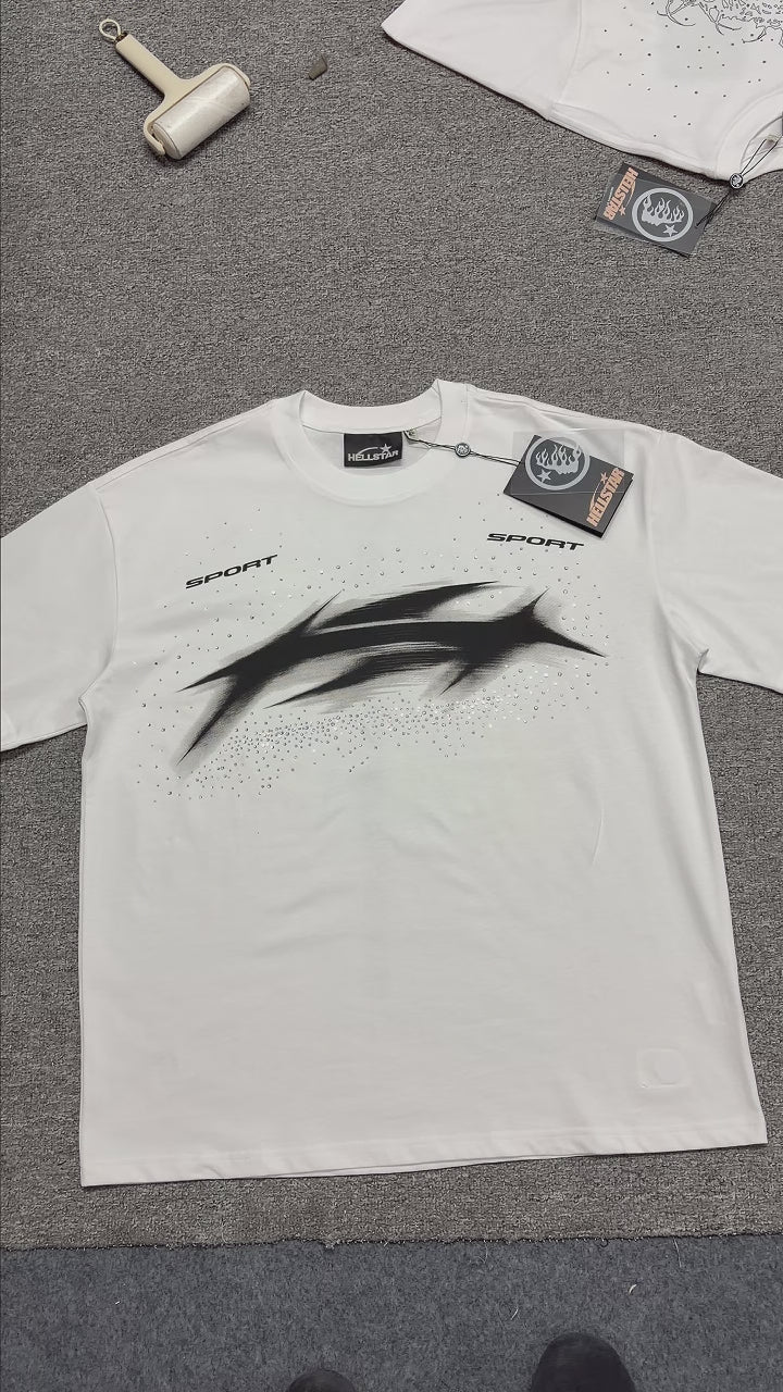 Hellstar Blur Rhinestone T-Shirt in white front view with distorted black motion graphic
