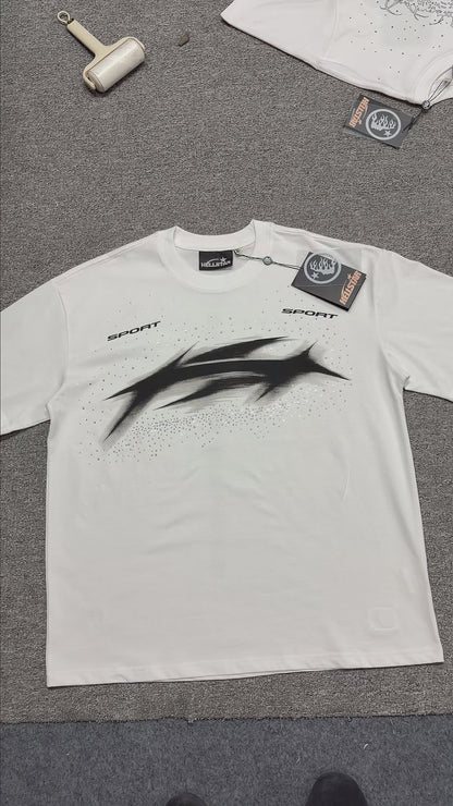 Hellstar Blur Rhinestone T-Shirt in white front view with distorted black motion graphic