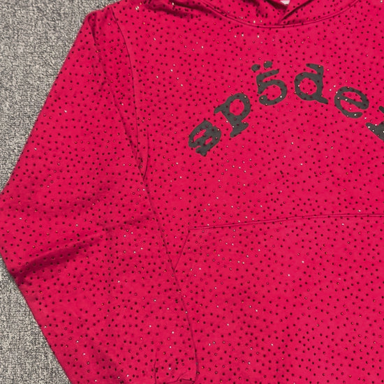 Sp5der VVS Hoodie Red front view with all-over tonal rhinestones and black chest logo