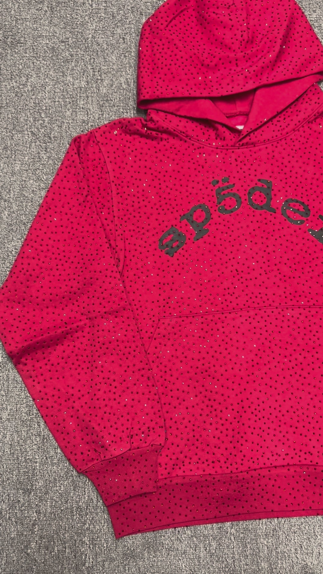 Sp5der VVS Hoodie Red front view with all-over tonal rhinestones and black chest logo