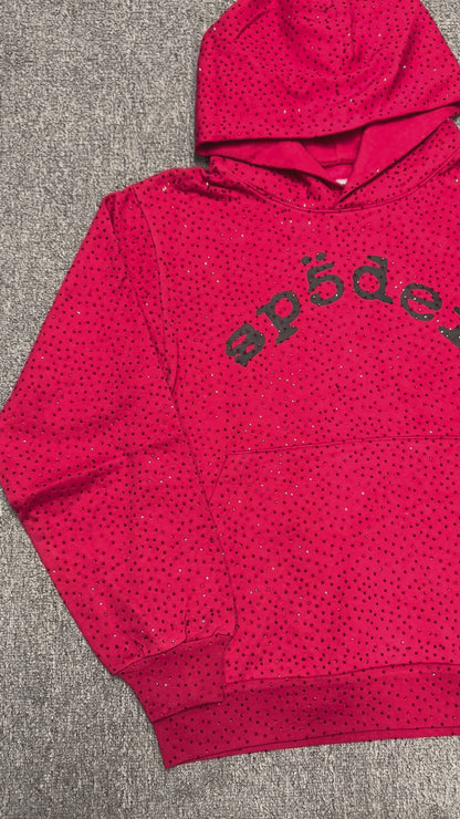 Sp5der VVS Hoodie Red front view with all-over tonal rhinestones and black chest logo