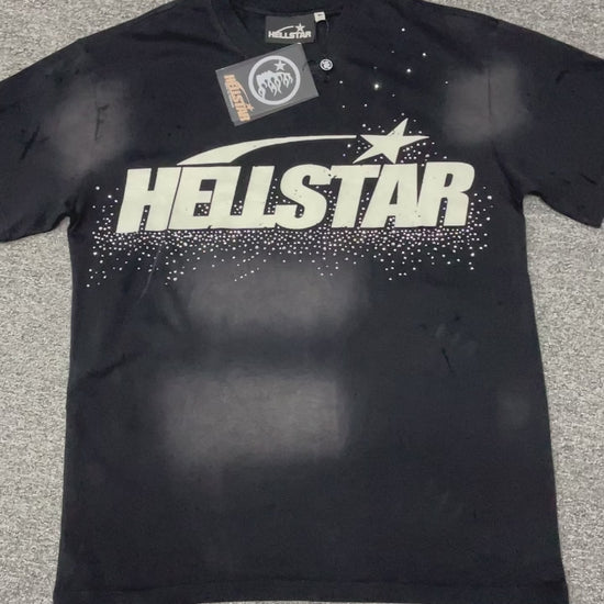 Hellstar Classic Logo rhinestone distressed T-shirt in washed black front view