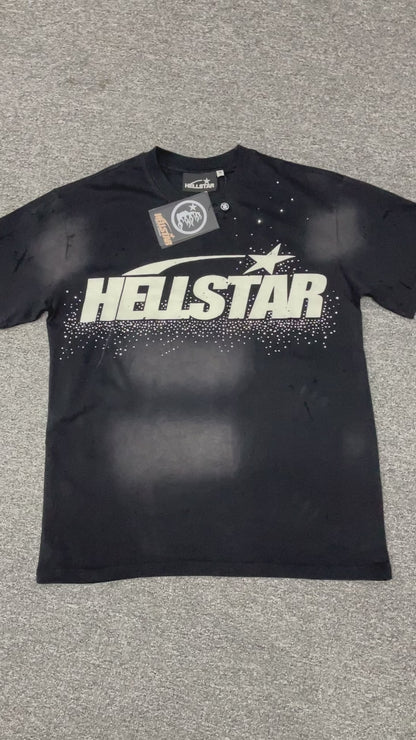 Hellstar Classic Logo rhinestone distressed T-shirt in washed black front view