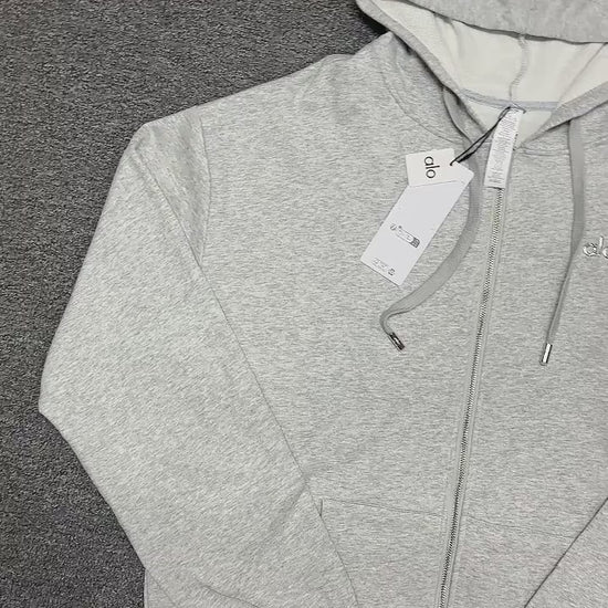 ALO Accolade Full Zip Hoodie in Athletic Heather Grey front view