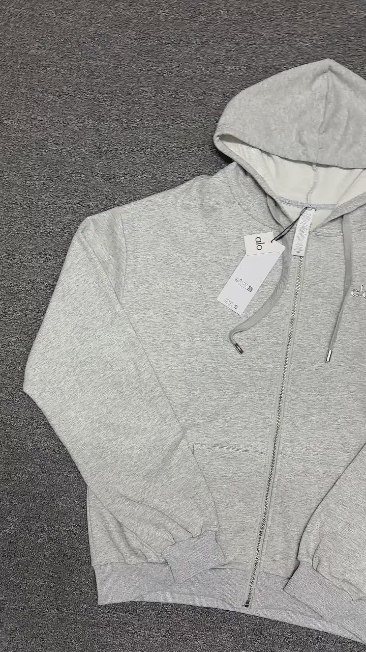 ALO Accolade Full Zip Hoodie in Athletic Heather Grey front view