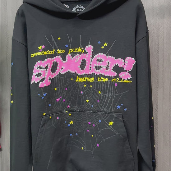 Sp5der P*nk Hoodie Black front view with pink logo, spider web and multicolor star graphics