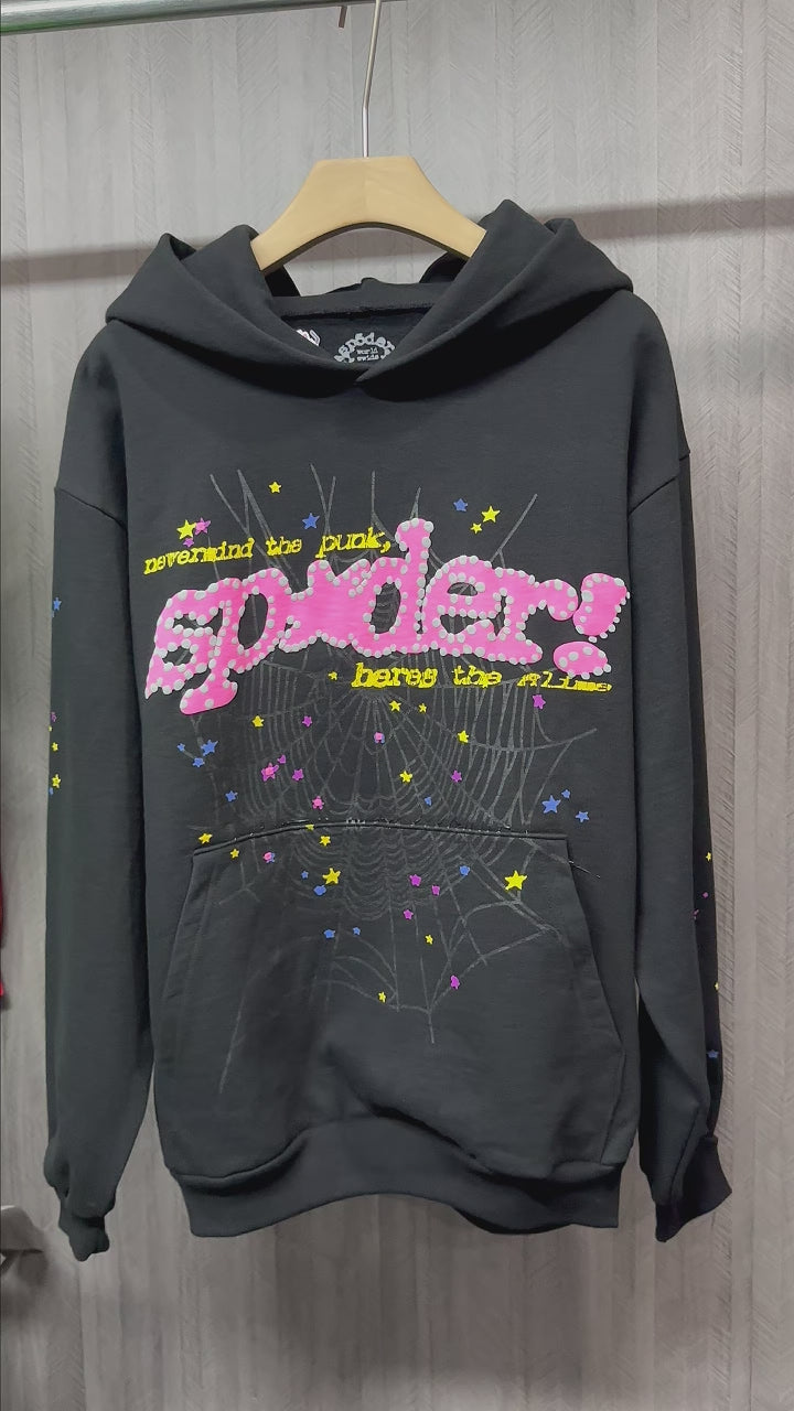 Sp5der P*nk Hoodie Black front view with pink logo, spider web and multicolor star graphics