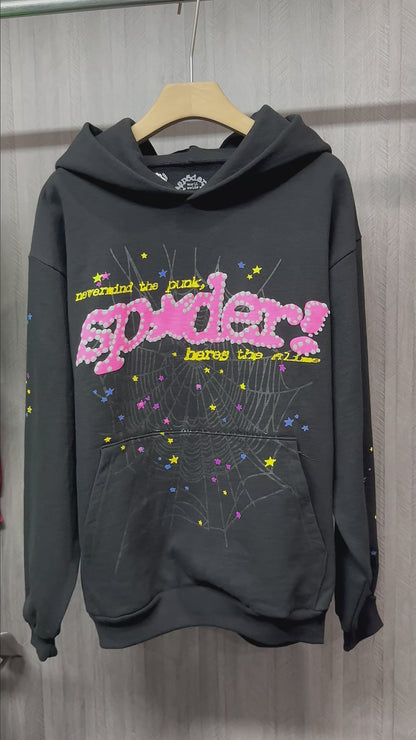 Sp5der P*nk Hoodie Black front view with pink logo, spider web and multicolor star graphics