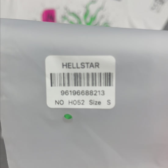 Hellstar Online graphic T-shirt in white front view with pink cross and green flame artwork