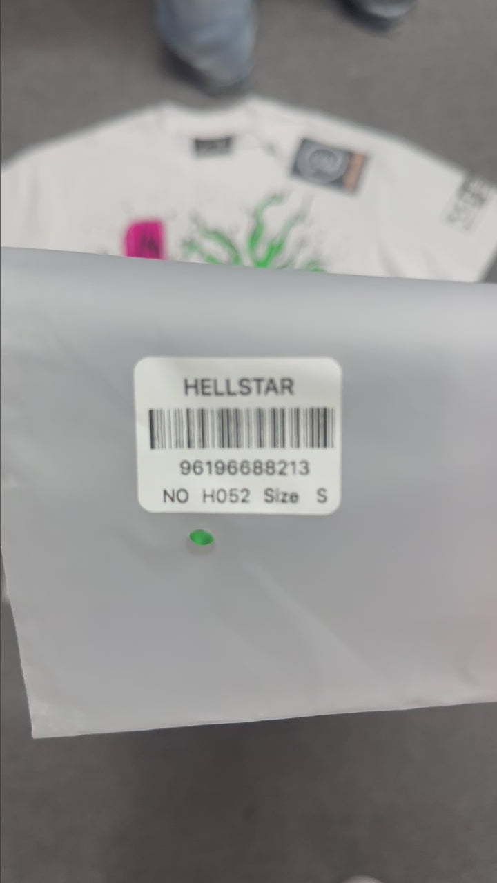 Hellstar Online graphic T-shirt in white front view with pink cross and green flame artwork