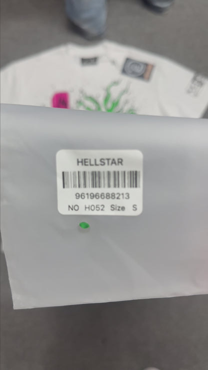 Hellstar Online graphic T-shirt in white front view with pink cross and green flame artwork