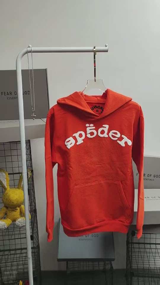 Sp5der Logo Hoodie Sweatshirt Orange front view with raised white lettering and tonal spider web