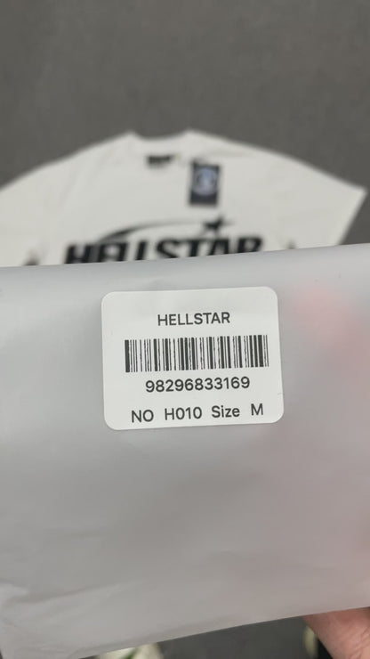 Hellstar Sports Logo T-Shirt in white front view with oversized black wordmark and shooting-star graphic