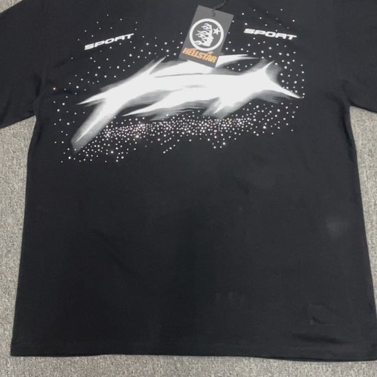 Hellstar Blur Rhinestone T-Shirt in black front view with distorted white motion graphic