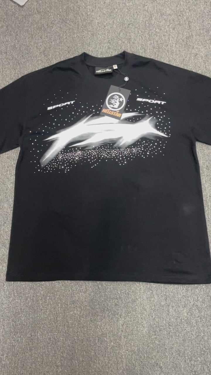 Hellstar Blur Rhinestone T-Shirt in black front view with distorted white motion graphic