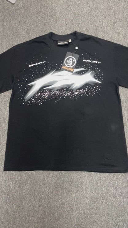 Hellstar Blur Rhinestone T-Shirt in black front view with distorted white motion graphic