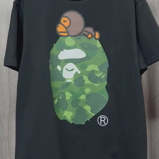 BAPE Black green ABC camo Milo on Big Ape graphic T-shirt front view