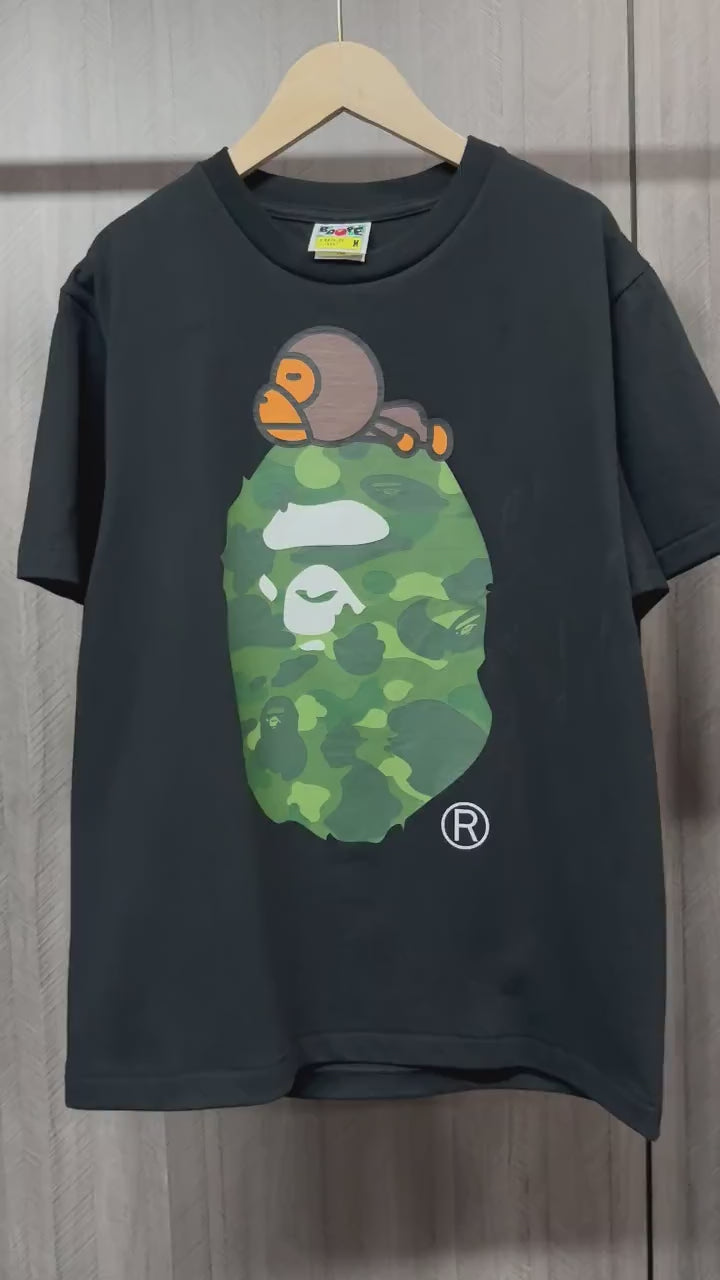 BAPE Black green ABC camo Milo on Big Ape graphic T-shirt front view