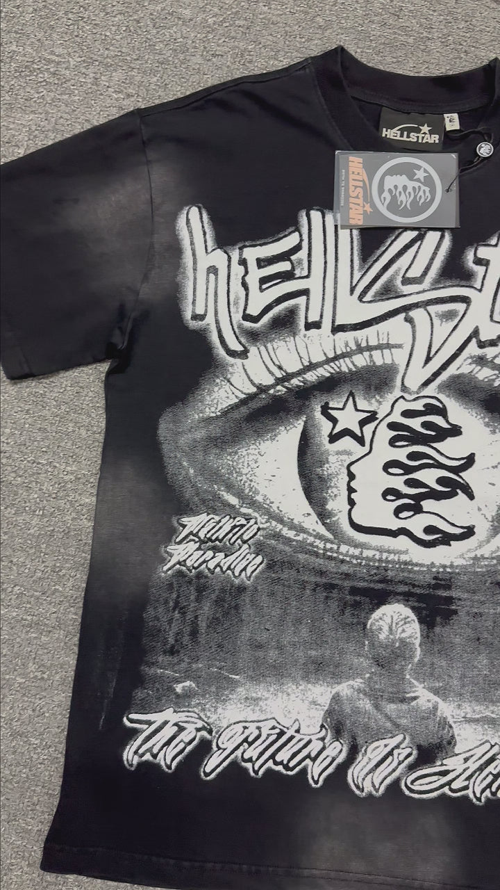 Hellstar Eyeball graphic washed black T-shirt front view