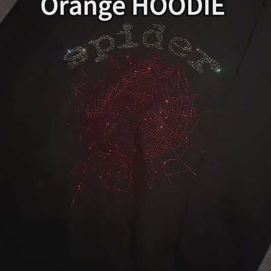 Sp5der Rhinestone OG Web V2 Hoodie Black front view with silver crystal lettering and red web