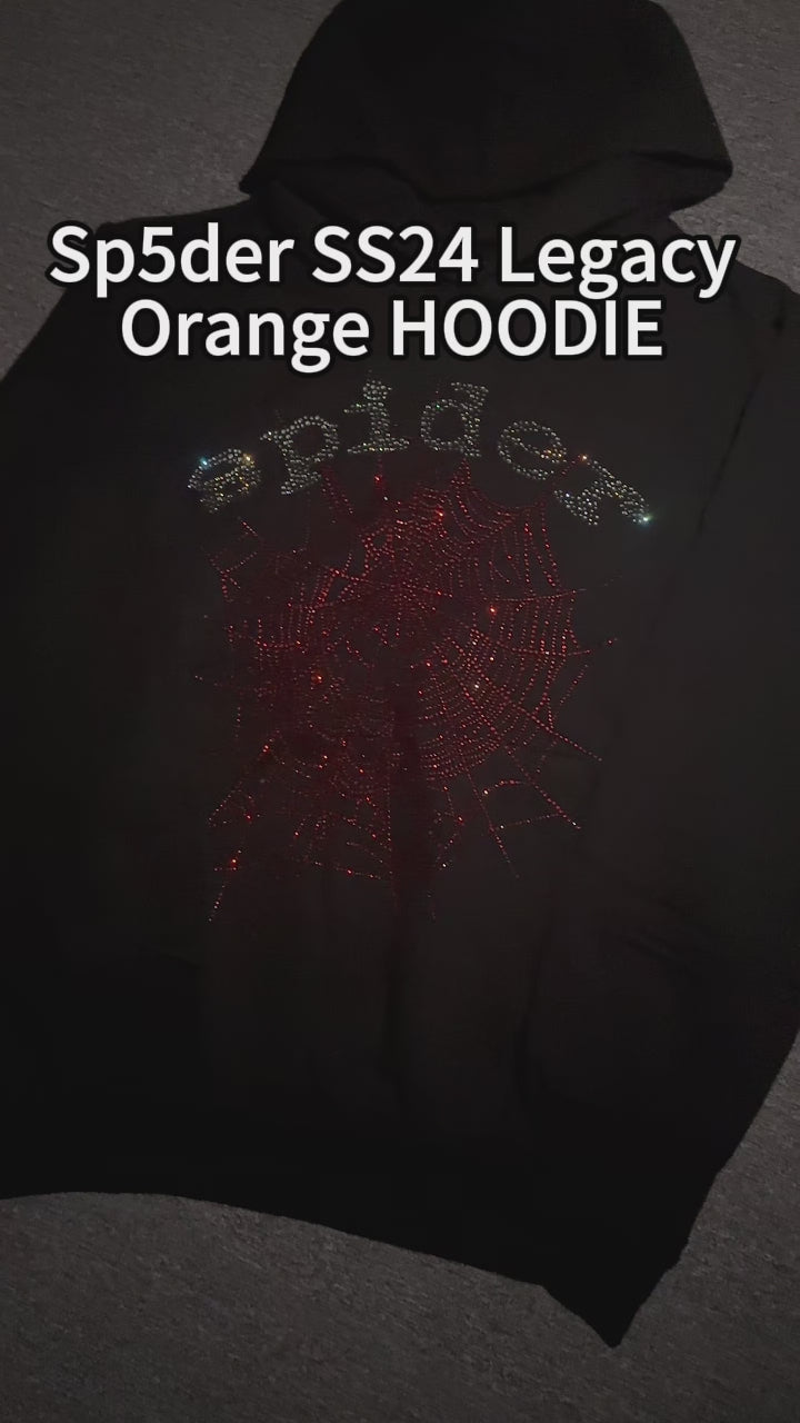 Sp5der Rhinestone OG Web V2 Hoodie Black front view with silver crystal lettering and red web