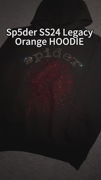 Sp5der Rhinestone OG Web V2 Hoodie Black front view with silver crystal lettering and red web