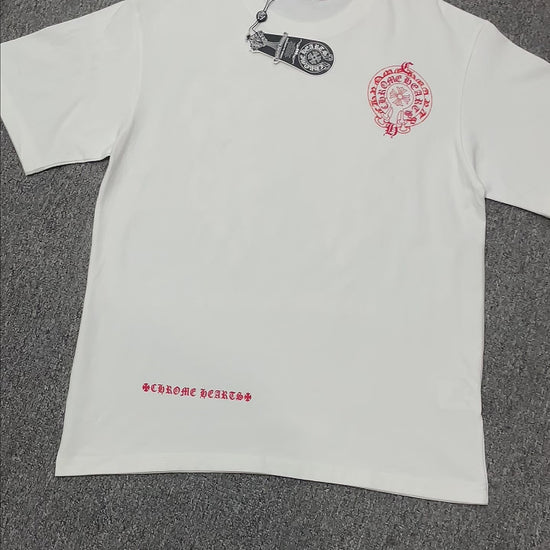 Chrome Hearts Floral Horseshoe short sleeve T-shirt front view in white with red chest pocket logo