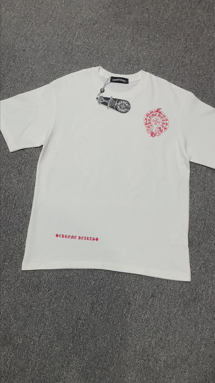 Chrome Hearts Floral Horseshoe short sleeve T-shirt front view in white with red chest pocket logo