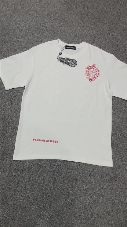 Chrome Hearts Floral Horseshoe short sleeve T-shirt front view in white with red chest pocket logo
