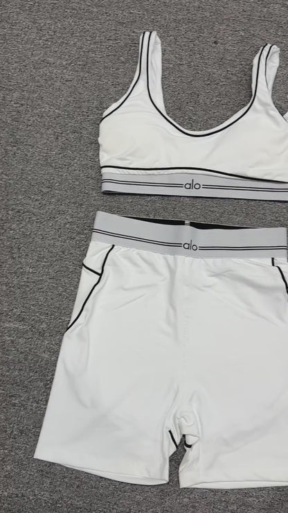 ALO Airbrush Heart Throb Bra and high-waist short set in White Black front view