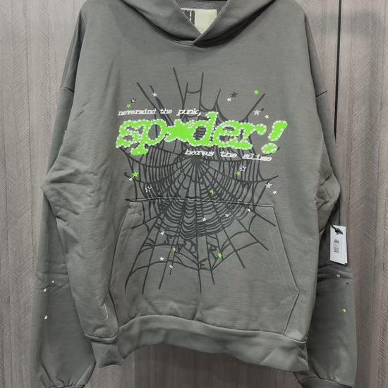 Sp5der Punk V2 Hoodie Slate Grey front view with neon-green lettering, black web and scattered stars