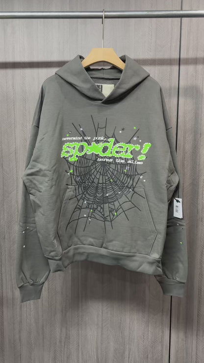 Sp5der Punk V2 Hoodie Slate Grey front view with neon-green lettering, black web and scattered stars