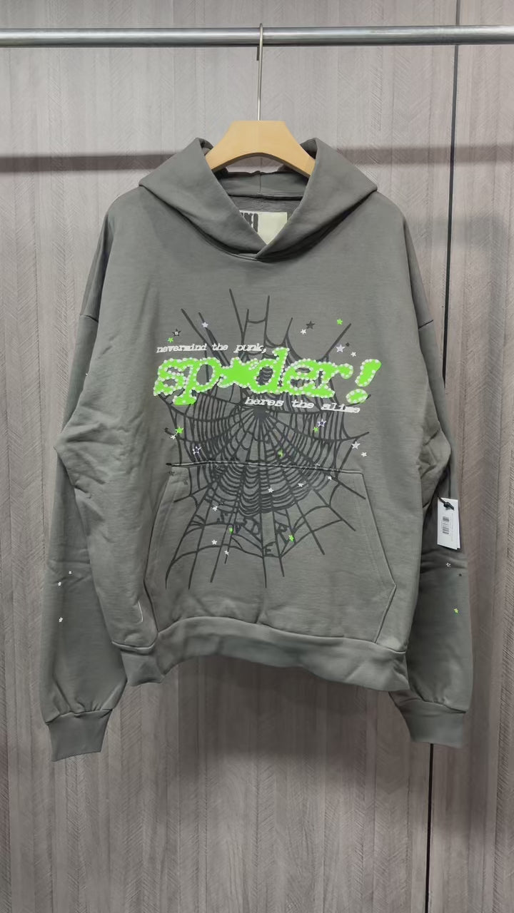 Sp5der Punk V2 Hoodie Slate Grey front view with neon-green lettering, black web and scattered stars