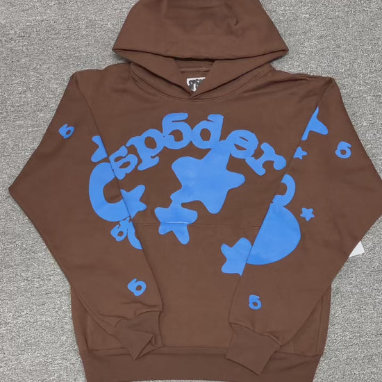 Sp5der Beluga Hoodie Brown front view with raised blue lettering and oversized star graphics