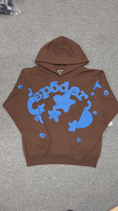 Sp5der Beluga Hoodie Brown front view with raised blue lettering and oversized star graphics