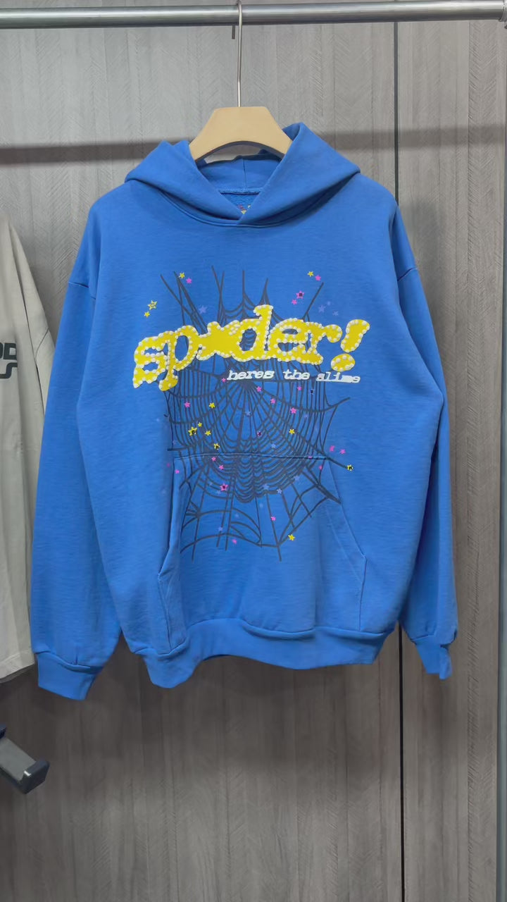 Sp5der TC Blue Here's the Slime Hoodie front view with yellow puff lettering and spider web graphic