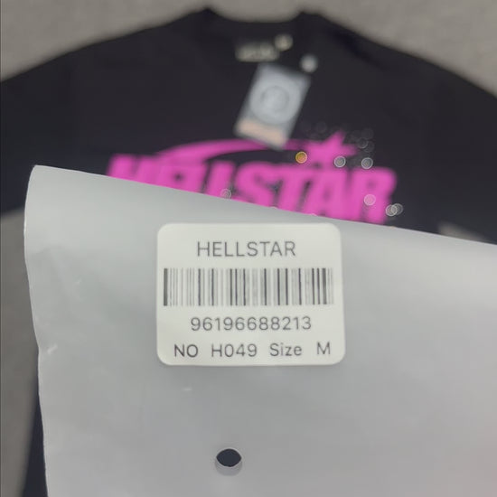Hellstar Classic Rhinestone Logo T-Shirt black front view with pink logo graphic and rhinestone detail