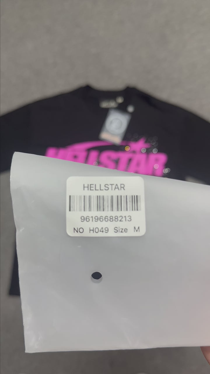 Hellstar Classic Rhinestone Logo T-Shirt black front view with pink logo graphic and rhinestone detail