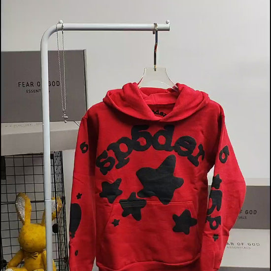 Sp5der Beluga Hoodie Red Black front view with raised black lettering and oversized star graphics