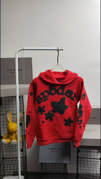 Sp5der Beluga Hoodie Red Black front view with raised black lettering and oversized star graphics