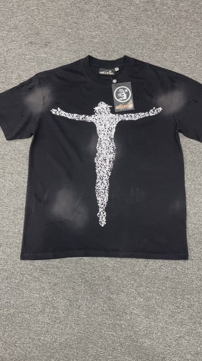 Hellstar QR Christ graphic T-shirt in washed black front view